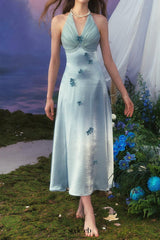 Butterfly Princess Halter midi Dress in light blue