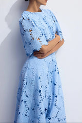Lace Embroidered Top & Maxi Skirt Two-Piece Set in blue