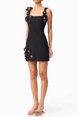 3D Flower Diamond embellished mini dress in black