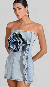 ALISON BLUE RUFFLED TRIM STRAPLESS DENIM MINI DRESS