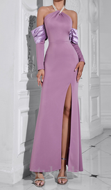 CHARLOTTE OFF-SHOULDER PEARL HALTER MAXI DRESS IN PURPLE