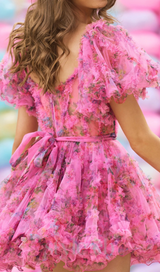 Tulle floral print balloon sleeve mini dress in pink