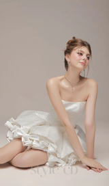 bow trim strapless mini dress in white