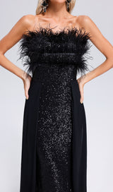 BLACK FEATHER SEQUIN MAXI DRESS