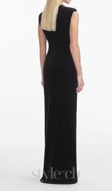 velvet crystal embellished maxi dress in black