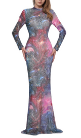 aurora printed hot drill maxi dress