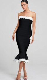 STRAPLESS BANDAGE BODYCON MIDI DRESS IN BLACK