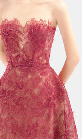 RED FLORAL LACE EMBROIDER MIDI DRESS