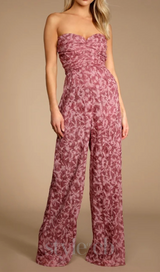 Organza Ruched Strapless Wide-Leg Jumpsuit