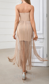 PENELOPE TULLE STRIPED EMBELLISH STRAPLESS APRICOT MIDI DRESS