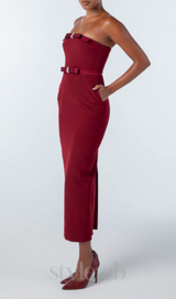 demi bow strapless midi dress in merlot