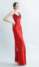 ELMA ONE-SHOULDER CRYSTAL DETAIL HIGH SLIT MAXI DRESS IN RED