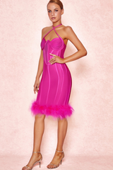 ROSE RED OSTRICH FEATHER HALTER NECK BACKLESS TIGHT DRESS