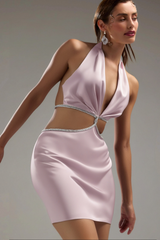 CROSS OVER CUT OUT SATIN MINI DRESS IN PINK