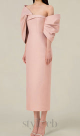 OFF SHOULDER RUCHED MIDI DRESS IN PINK