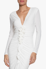 elsa V Neck Flower Ruched maxi Dress in white