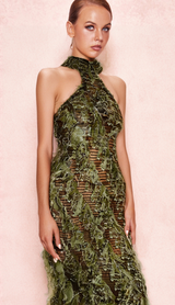 HALTERNECK BACKLESS HOLLOW MIDI DRESS IN GREEN