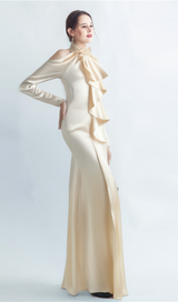 RAE CHAMPAGNE ONE-SHOULDER RUFFLE EMBELLISHED MAXI DRESS