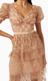 V NECK SEQUIN TIERED MIDI DRESS