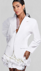 POLLY RUFFLE DETAIL LONG SLEEVE BLAZER IN WHITE