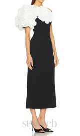 white flower embellished strapless black midi dress