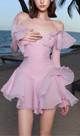 RUFFLED HALTER MINI DRESS IN PINK