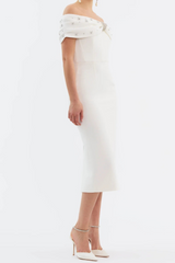 beulah Off-shoulder beaded diamond midi dress in white