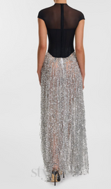 tassel sequin black corset maxi dress