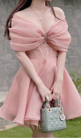 VENUS PINK OFF-SHOULDER MESH PANEL A-LINE MINI DRESS