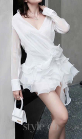 flower ruffle ribbon mini dress in white
