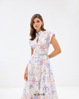 multicolor floral print a-line midi dress