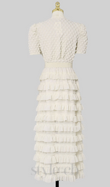 CHARLOTTE APRICOT PUFF SLEEVE RUFFLES CHIFFON MIDI DRESS