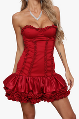 sally ruffle trim strapless mini dress in red