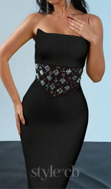 mesh splice rhinestone decor black maxi bandage dress