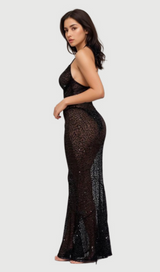 BARBARA HALTER SEQUIN MAXI DRESS IN BLACK