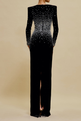 pearl embellished v-neck maxi dress in black