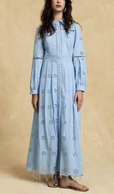 retro single-breasted hollow lace midi dress in blue