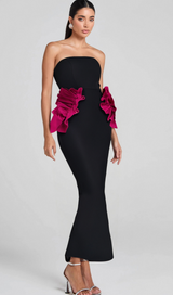 PLEATED ORNAMENTED BANDAGE MAXI DRESS IN BLACK