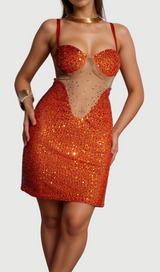 SOPHIA ORANGE SPAGHETTI SEQUIN MINI DRESS