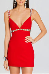 karen V-neck rhinestone embellished stretch Bodycon mini dress in red