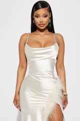 Isabella Feather Trim Satin Gown in Cream