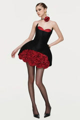 Rose Flower Ruffled Floral mini dress in Red