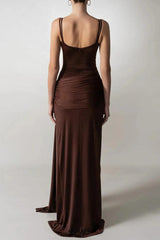 pleated Strappy Draped slit Maxi Dress in brown
