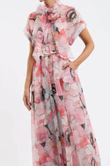 floral print silk organza maxi dress in pink-multi