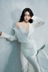 charlotte shawl collar shirt dress set in white