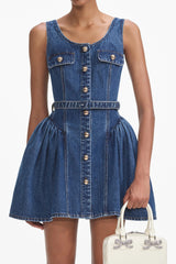 Flared Denim Mini Dress in blue