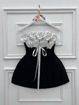 gladys Strapless 3d Floral Corset A-Line Dress in black