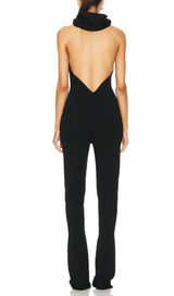 BLACK BACKLESS HOODED JUMPSUIT WITH SLIP POCKETS