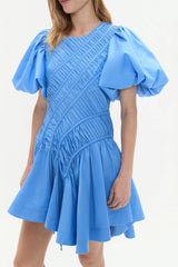 eudora Asymmetric pleated puff sleeve mini dress in mist blue