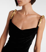 mag black Metal chain strap square neck velvet maxi dress